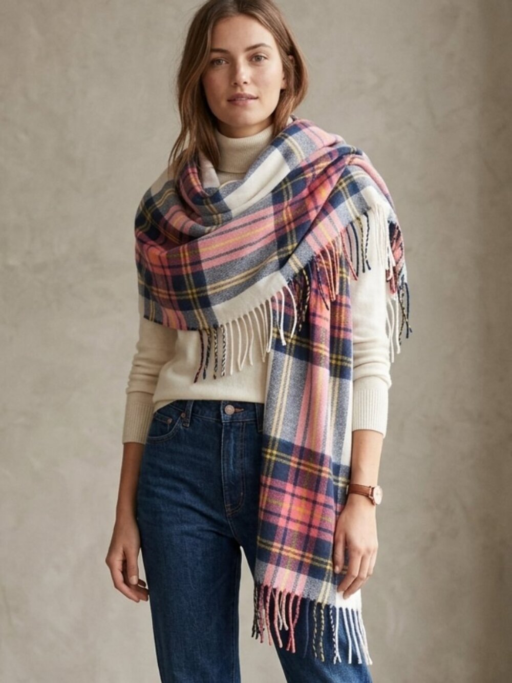 J. Crew Factory Women's Ivory Multi Plaid Blanket Pink Blue Scarf